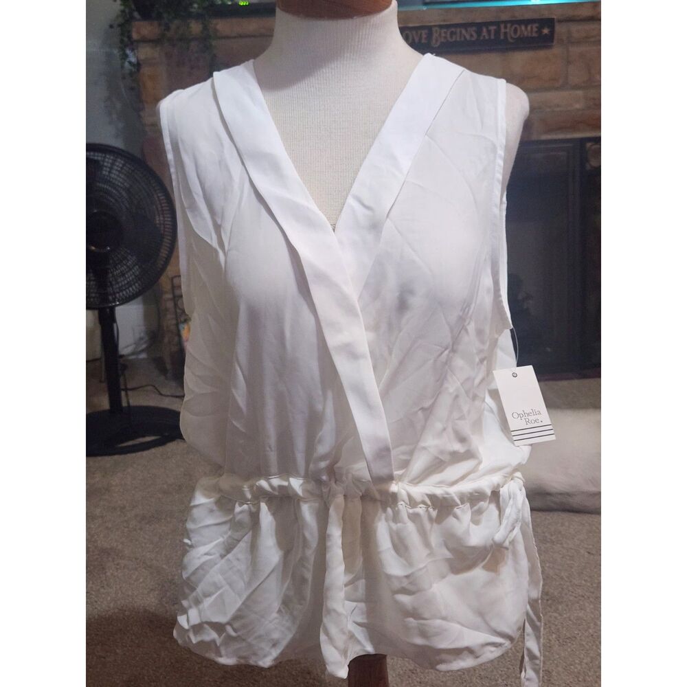 Ophelia Roe Sheer white sleeveless v neck dressy peplum blouse size Large NWT